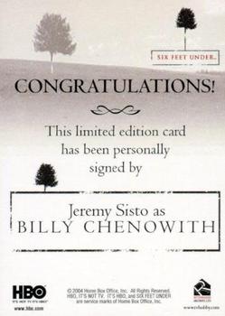 2004 Rittenhouse Six Feet Under Seasons 1 & 2 - Autographs #NNO Jeremy Sisto Back