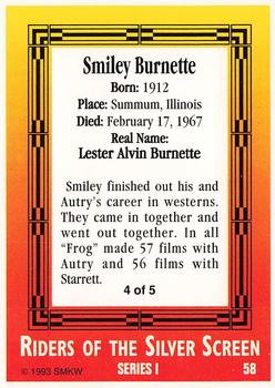 1993 SMKW Riders of the Silver Screen #58 Smiley Burnette Back