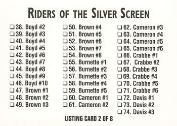1993 SMKW Riders of the Silver Screen #NNO Riders of the Silver Screen Listing Card 1 of 8, 2 of 8 Back