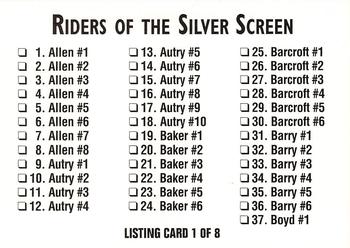1993 SMKW Riders of the Silver Screen #NNO Riders of the Silver Screen Listing Card 1 of 8, 2 of 8 Front