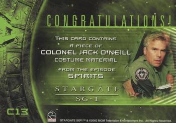 2003 Rittenhouse Stargate SG-1 Season 5 - From the Archives Costume Relics #C13 Colonel Jack O'Neill Back