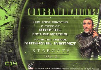 2003 Rittenhouse Stargate SG-1 Season 5 - From the Archives Costume Relics #C14 Bra'tac Back