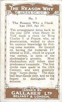 1924 Gallaher The Reason Why #1 A clock has IIII for IV Back