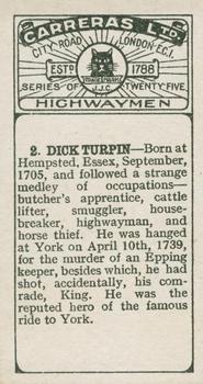 1924 Carreras Highwaymen #2 Dick Turpin Back