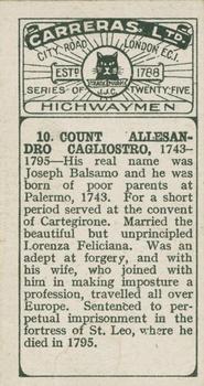 1924 Carreras Highwaymen #10 Allensandro Cagliostro Back