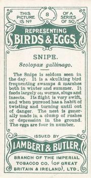 1906 Lambert & Butler Representing Birds & Eggs #8 Snipe Back