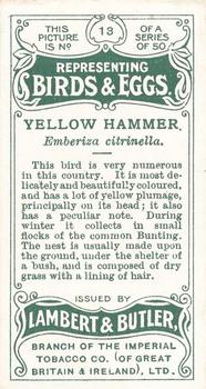 1906 Lambert & Butler Representing Birds & Eggs #13 Yellow Hammer Back