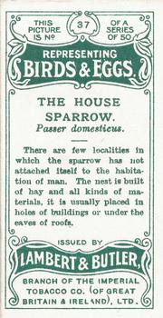 1906 Lambert & Butler Representing Birds & Eggs #37 House Sparrow Back