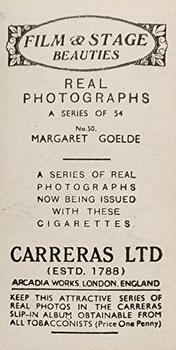 1939 Carreras Film and Stage Beauties (54) #50 Margaret Goelde Back