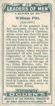 1924 Ogden's Leaders of Men #39 William Pitt Back