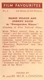 1939 Wix Film Favourites (3rd Series) #1 Marie Wilson / Johnnie Davis Back