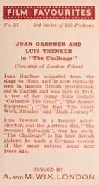 1939 Wix Film Favourites (3rd Series) #27 Joan Gardner / Luis Trenker Back