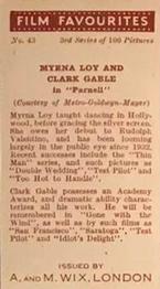 1939 Wix Film Favourites (3rd Series) #43 Myrna Loy / Clark Gable Back