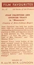 1939 Wix Film Favourites (3rd Series) #47 Joan Crawford / Spencer Tracy Back