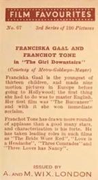 1939 Wix Film Favourites (3rd Series) #67 Franciska Gaal / Franchot Tone Back