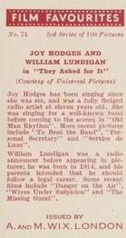 1939 Wix Film Favourites (3rd Series) #71 Joy Hodges / William Lundigan Back