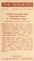 1939 Wix Film Favourites (3rd Series) #72 Wendy Barrie / Edmund Lowe Back