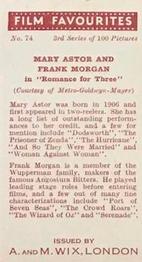 1939 Wix Film Favourites (3rd Series) #74 Mary Astor / Frank Morgan Back