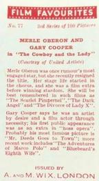 1939 Wix Film Favourites (3rd Series) #77 Merle Oberon / Gary Cooper Back