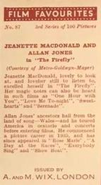 1939 Wix Film Favourites (3rd Series) #87 Jeanette MacDonald / Allan Jones Back