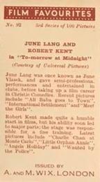1939 Wix Film Favourites (3rd Series) #92 June Lang / Robert Kent Back