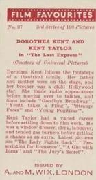 1939 Wix Film Favourites (3rd Series) #97 Dorothea Kent / Kent Taylor Back
