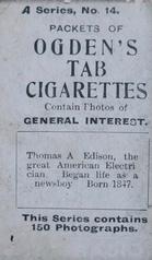 1901 Ogden's General Interest Series A #14 Thomas Edison Back