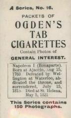 1901 Ogden's General Interest Series A #16 Napoleon Bonaparte Back