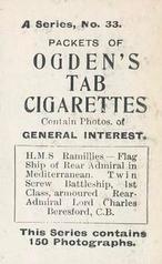 1901 Ogden's General Interest Series A #33 H.M.S. Ramillies Back