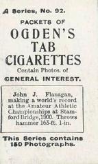 1901 Ogden's General Interest Series A #92 John Flanagan Back