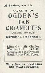 1901 Ogden's General Interest Series A #111 Lieutenant General Charles Warren Back