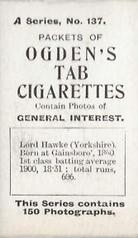 1901 Ogden's General Interest Series A #137 Lord Hawke Back