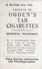 1901 Ogden's General Interest Series A #145 K.S. Ranjitsinhji Back