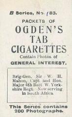 1901 Ogden's General Interest Series B #183 Sir W.H. Mahon Back