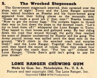1984 WTW 1940 Gum Inc. Lone Ranger (R83) (Reprint) #5 The Wrecked Stagecoach Back