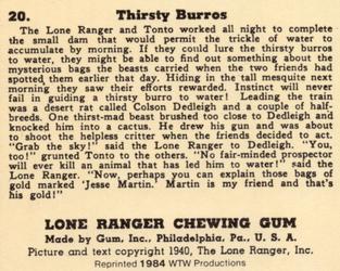 1984 WTW 1940 Gum Inc. Lone Ranger (R83) (Reprint) #20 Thirsty Burros Back