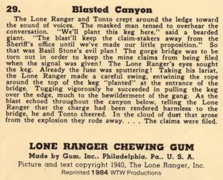 1984 WTW 1940 Gum Inc. Lone Ranger (R83) (Reprint) #29 Blasted Canyon Back