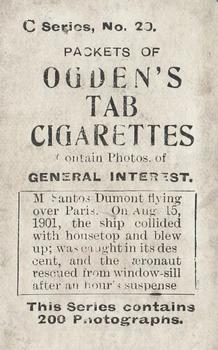 1902 Ogden's General Interest Series C #20 M. Santos Dumont Flying over Paris Back