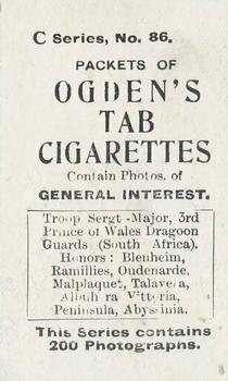 1902 Ogden's General Interest Series C #86 Troop Sergt.-Major, 3rd Prince of Wales Dragoon Gds. Back