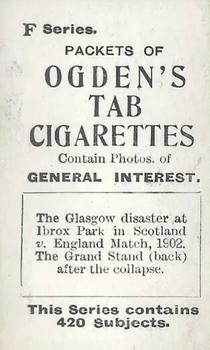 1902 Ogden's General Interest Series F #14 Ibrox Park Disaster Back
