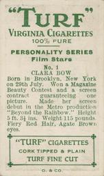 1933 Turf Personality Series Film Stars #1 Clara Bow Back