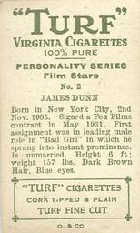 1933 Turf Personality Series Film Stars #2 James Dunn Back