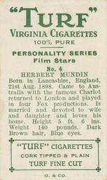 1933 Turf Personality Series Film Stars #4 Herbert Mundin Back