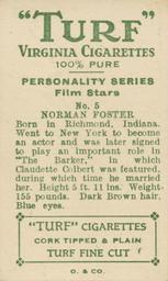 1933 Turf Personality Series Film Stars #5 Norman Foster Back