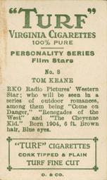 1933 Turf Personality Series Film Stars #8 Tom Keene Back