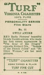 1933 Turf Personality Series Film Stars #11 Gwili Andre Back