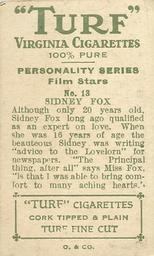 1933 Turf Personality Series Film Stars #13 Sidney Fox Back