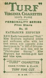 1933 Turf Personality Series Film Stars #15 Katharine Hepburn Back