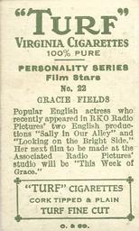 1933 Turf Personality Series Film Stars #22 Gracie Fields Back