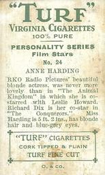 1933 Turf Personality Series Film Stars #24 Anne Harding Back